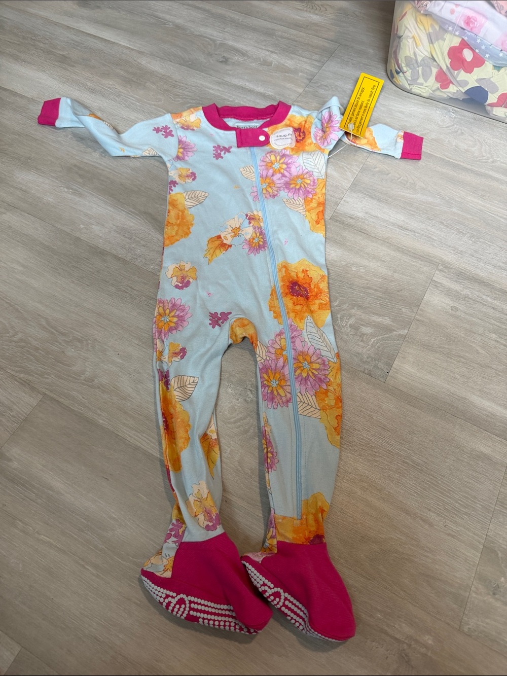 NWT Burt's Bees Floral Footed One-Piece Pajamas - Light Blue, Pink & Orange